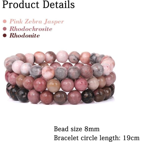 3 PCS Pink Zebra Jasper Healing Natural Stone Beaded Stretch Bracelet for Women - Picture 5 of 6